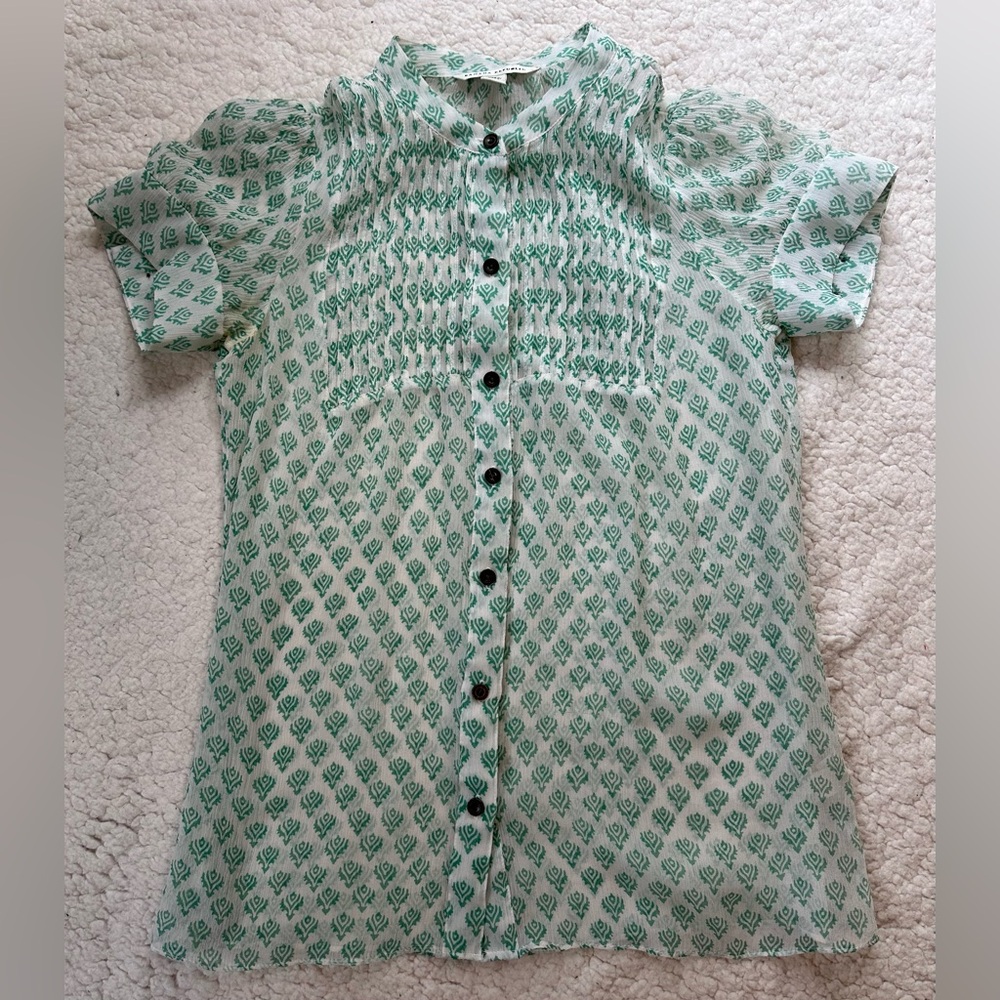 Banana Republic Womens Sheer Blouse Green White 100% Silk Size XS